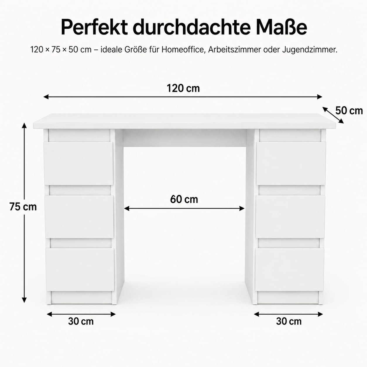 ELVA Schreibtisch 120 cm – Moderner Bürotisch mit 6 Schubladen, für Homeoffice, Arbeitszimmer & Jugendzimmer – 120x75x50 cm (Matt Weiß)