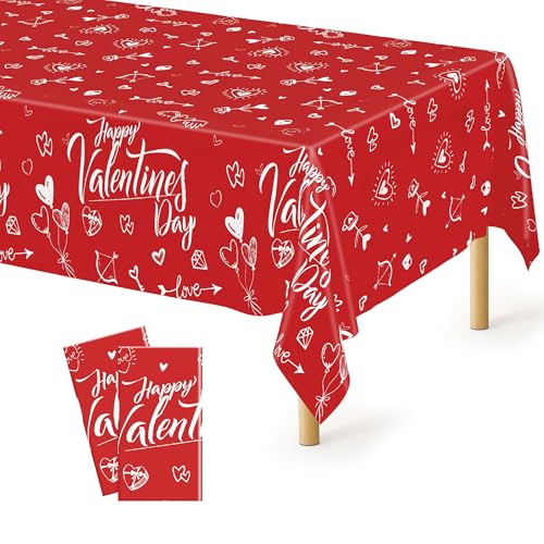 Image of QZYL 2 PCS Valentines Decorations, Disposable 108 inch X 54 inch Valentines Tablecloths, Plastic Romantic Red Love Heart Tablecloths, Rectangle Love Table Covers, Valentine's Decorations for Memorable Tables