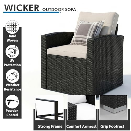Image of OUTLIVING 6 Piece Outdoor Conversation Set | All Weather Wicker Sectional Sofa with Cushioned Ottoman and Glass Top Table | Ideal for Garden, Deck, Porch, Patio and Poolside (Black & White)