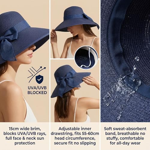 Sombrero de paja para mujer con ala ancha azul miniatura 5