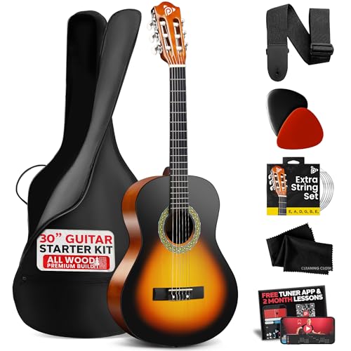 Pyle Beginner Acoustic Guitar Kit, 1/4 Junior Size All Wood Instrument for Kids, Adults, 30' Sunburst Teardrop Matte