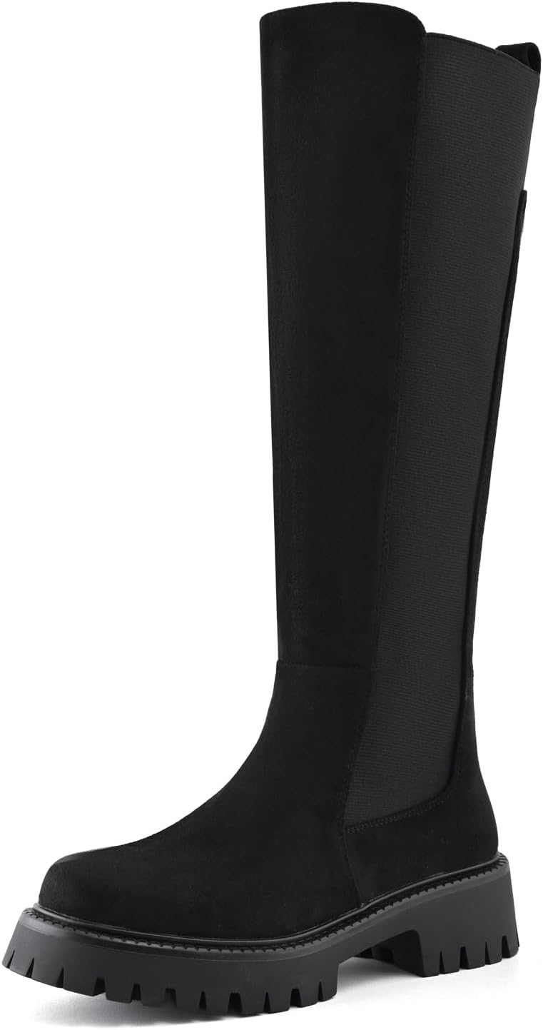 Women’s Knee High Boots Platform Stretch Lug Sole Riding Boots Round Toe Elastic Comfortable Fashion Dress Boots with Side Zipper