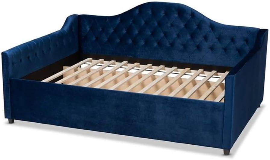 BOWERY HILL Full Velvet Upholstered Daybed, Blue Finish, Solid Rubberwood and MDF Frame, Button Tufted Modern Design with Tapered Feet, 31.3" H x 82.7" W x 58.3" D, Stylish Bedroom or Guest Room