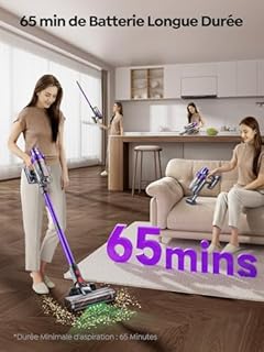SMOTURE 600W 50KPa Aspirateur Balai sans Fil, 65 Mins Aspirateur sans Fil Puissant avec Brosse Matelas, Charge Murale et Écran LED, Auto Aspirateur Balai pour Poils d’Animaux/Sols Durs/Tapis/Voiture