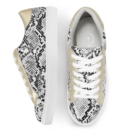 Image of PARTY Women's Fashion Star Sneaker Lace Up Low Top Comfortable Cushioned Walking Shoes,Podcast-White SNAKE-11