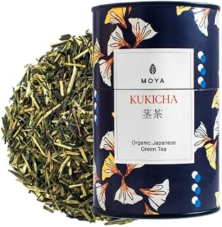 Moya Organic Japanese Kukicha Green Tea Loose Leaf | 60g | Tea from Japan | Friendly for Vegans and Vegetarians | Packed in Multicolored Carton Tin | Perfect for a Gift