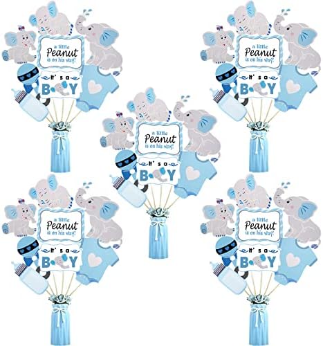 LEBERY 24pcs Blue Elephant Centerpiece Sticks, Baby Boy It's A Boy Table Topper Decorations Blue Little Peanut Cutouts for Blue Elephant Theme Boy Baby Shower Birthday Party Supplies, Double Side Printed