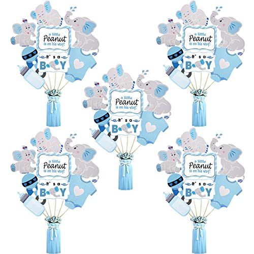 LEBERY 24pcs Blue Elephant Centerpiece Sticks, Baby Boy It's A Boy Table Topper Decorations Blue Little Peanut Cutouts for Blue Elephant Theme Boy Baby Shower Birthday Party Supplies, Double Side