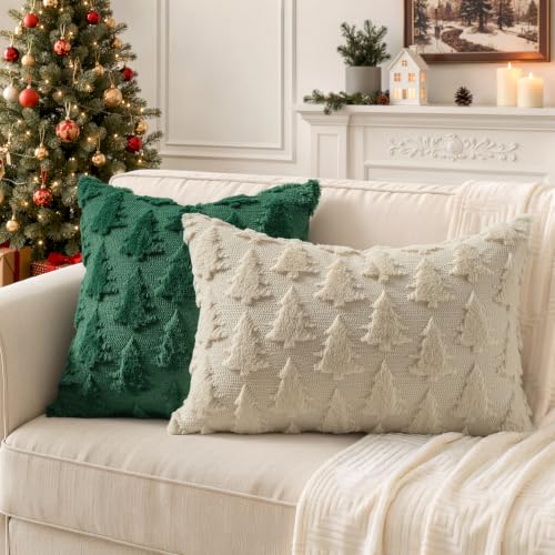 Image of MIULEE Christmas Throw Pillow Covers Lumbar Beige Christmas Decorations Xmas Tree 16x24 Pillow Covers Soft Plush Faux Wool Pillowcases Holiday Festivals Winter Home Decor Sofa Couch Bed Porch