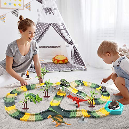 EpochAir Dinosaur Toys - Dinosaur World Road Race, Flexible Track Toy Set for 3 4 5 Year Old Boy Girl Kids, (192Pcs Include 3 Cars,4 Dinosaur Models, 4 Trees) - Thumbnail 5