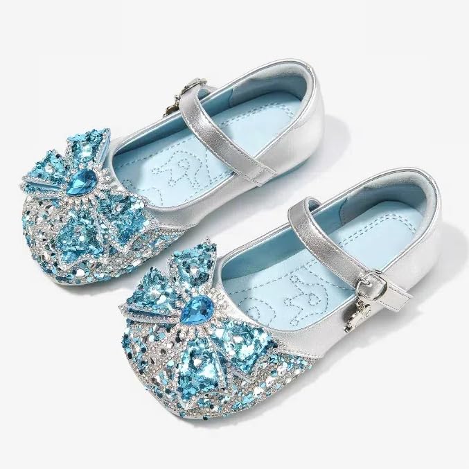 Girls Princess Mary Jane Shoes, Silver and Blue Crystal Bow Design, Sparkly Dress Flats2