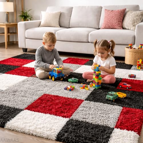 Image of 3D Shaggy Polyester Carpet Rug Runner Area Mats for Bedroom /Living Area /Home with Anti Slip Backing Soft /Fluffy Hight Pile - (3D Red B, 2x6 feet)