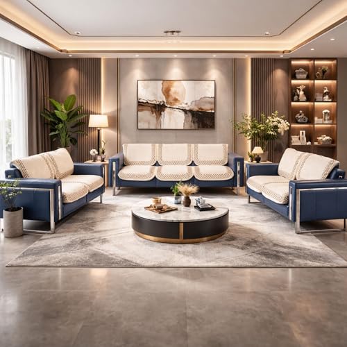 Image of Premium Chenille Woven Anti-Slip 7 Seater Sofa Cover | L-Shape Sofa Seat Protector for Living Room | Durable & Stylish Slipcover - Beige 3D