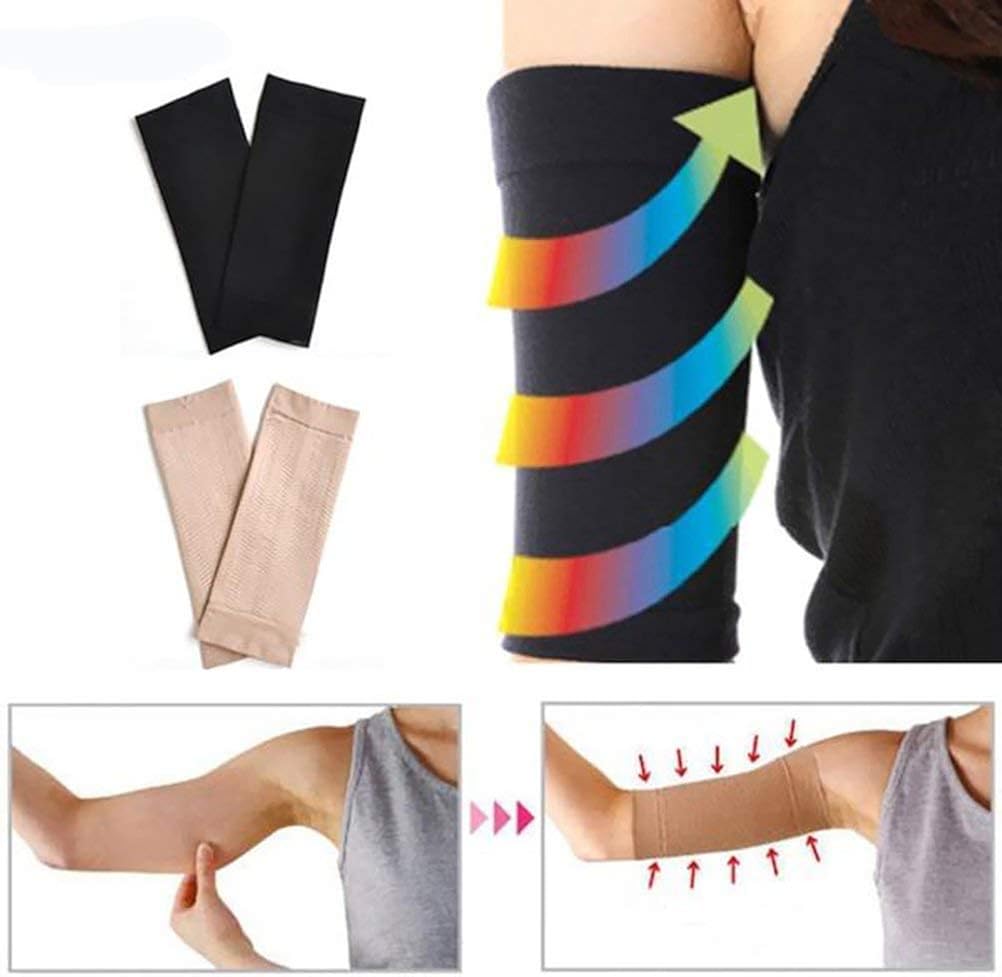 2 Pairs Arm Slimming Shaper Arm Compression Wrap Sleeve for Women Weight Loss Upper Arm Shaper Helps Lose Arm Fat Toneup Arm Shaping Sleeves for Beauty Women (Black+Beige)