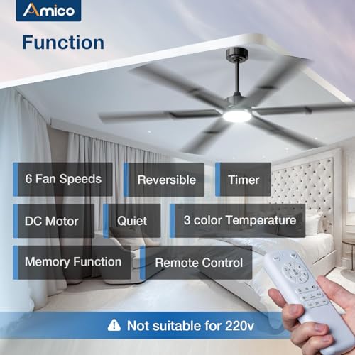 Image of Amico Ceiling Fans with Lights and Remote, 72 Inch Black Indoor /Outdoor Ceiling Fan with 6 Speed, Reversible DC Motor, 3CCT, Dimmable, Noiseless modern ceiling fan for Bedroom, Living Room, Patio