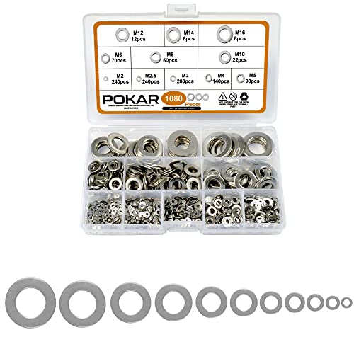 POKAR Arandela Plana 1080 Piezas Arandela Anillo Plano para Tornillos Set M2 M2.5 M3 M4 M5 M6 M8 M10 M12 M14 M16 Cover