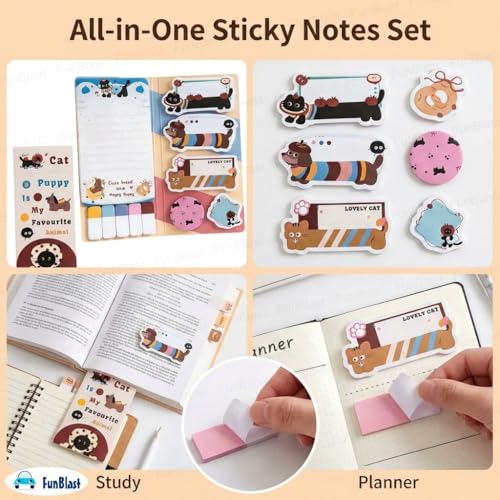 Image of FunBlast Cat & Puppy Sticky Notes - 11 Sheets /440 Sticky Notes, Sticky Pad for Study, Point It Marker Stationery Items, Self-Adhesive Memo Pad, Planners and Memo Sticker (Multicolor)
