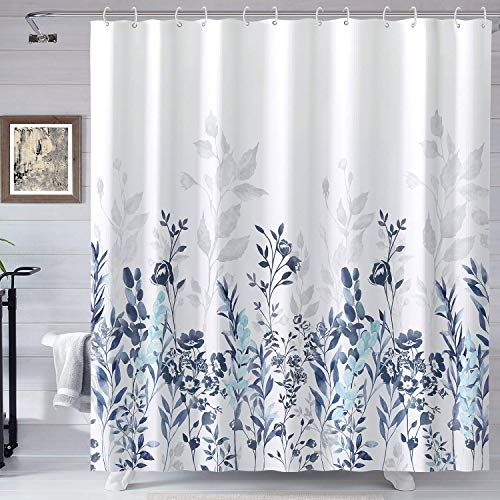 Neasow Blue and Grey Shower Curtain, Watercolor Floral Bathroom Curtain