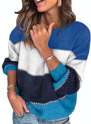 Dokotoo Women Sweaters Long Sleeve Crewneck Color Block Sweaters for Women Fashion 2025 Winter Warm Knitted Pullover Jumper Fall Tops Blue Medium