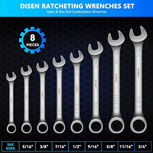 Disen Ratcheting Wrench Set 8 Pieces Sae 5/16"-3/4", Open End & Box End Combination Ratchet Wrench Set 12 Points & 72 Teeth With Organizer Pouch, Cr-V Steel #TOP5