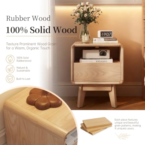 Image of 100% Solid Wood Nightstand, Mid Century Modern Bedside Table Natural