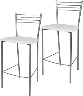 t m c s Tommychairs - Set 2 sgabelli Alti Modello Elena per Cucina e Bar, Struttura in Acciaio Verniciata Colore Alluminio e Seduta Imbottita e Rivestita in Pelle Artificiale Colore Bianco