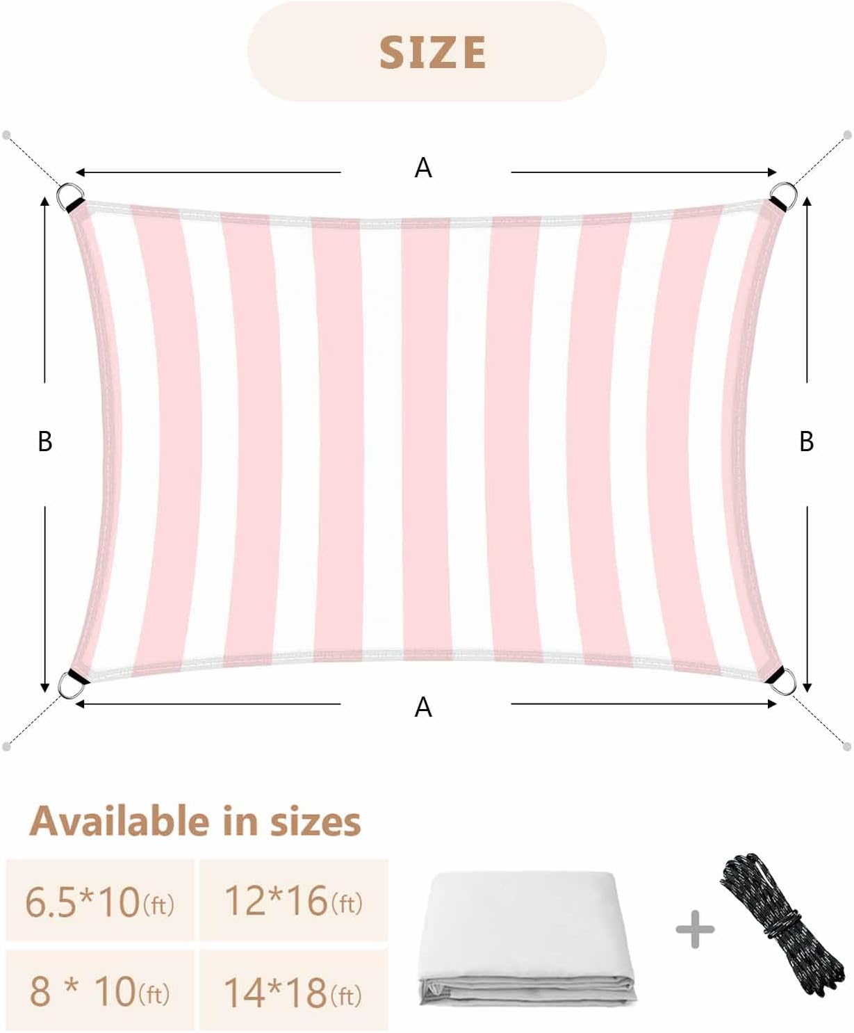 Pink Striped Sun Shade Sail 8'x10' Rectangle Outdoor Shade Canopy, Modern Farmhouse Pink White Stripes Porch Shades Outdoor Sun Blocking Screen, Sunshade Cloth Covers for Deck/Patio/Garden