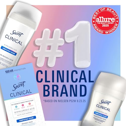 Image of Secret Clinical Strength 100HR Sweat & Odor, Clear Gel Antiperspirant Deodorant for Women, 3X Stress Protection with Hyaluronic Acid, PH Balancing Minerals, Completely Clean Scent, 2.6 oz