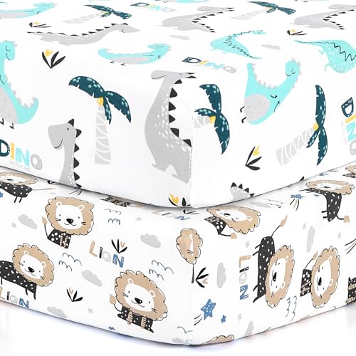 Pack n Play Sheets, BROLEX 2 Pack Mini Crib Sheets,Stretchy Portable Fitted Playard Sheet Set, Convertible Playard Mattress Cover,Ultra Soft Breathable Material,Dinosaur Lion
