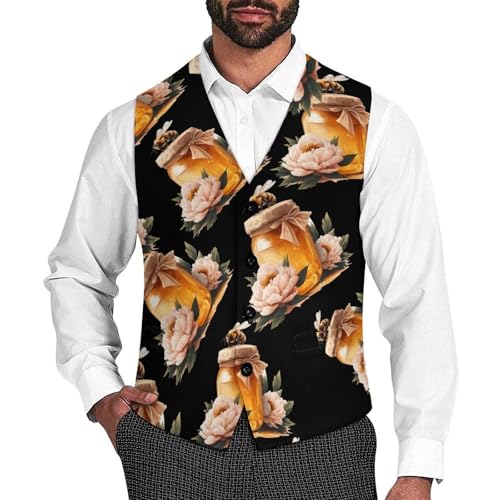 Bee Peonies Flowers Men's Suit Vests Business Formal Dress Vest V-Neck Waistcoat for Wedding Casual