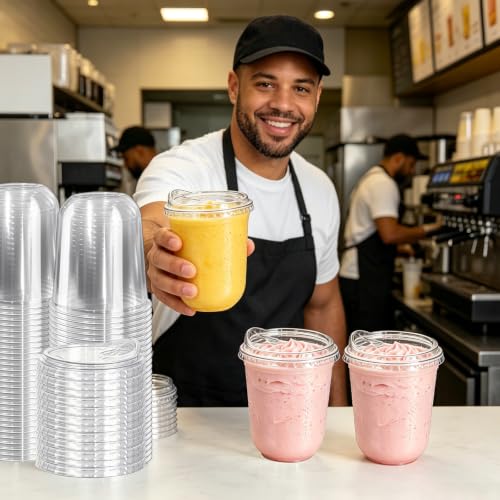 Image of 100 Sets 12 oz Clear Plastic Cups with Lids | Disposable Iced Coffee Cups with Sip Lids,Sturdy Plastic Smoothie Cups for Cold Drinks,Juice,Milkshake