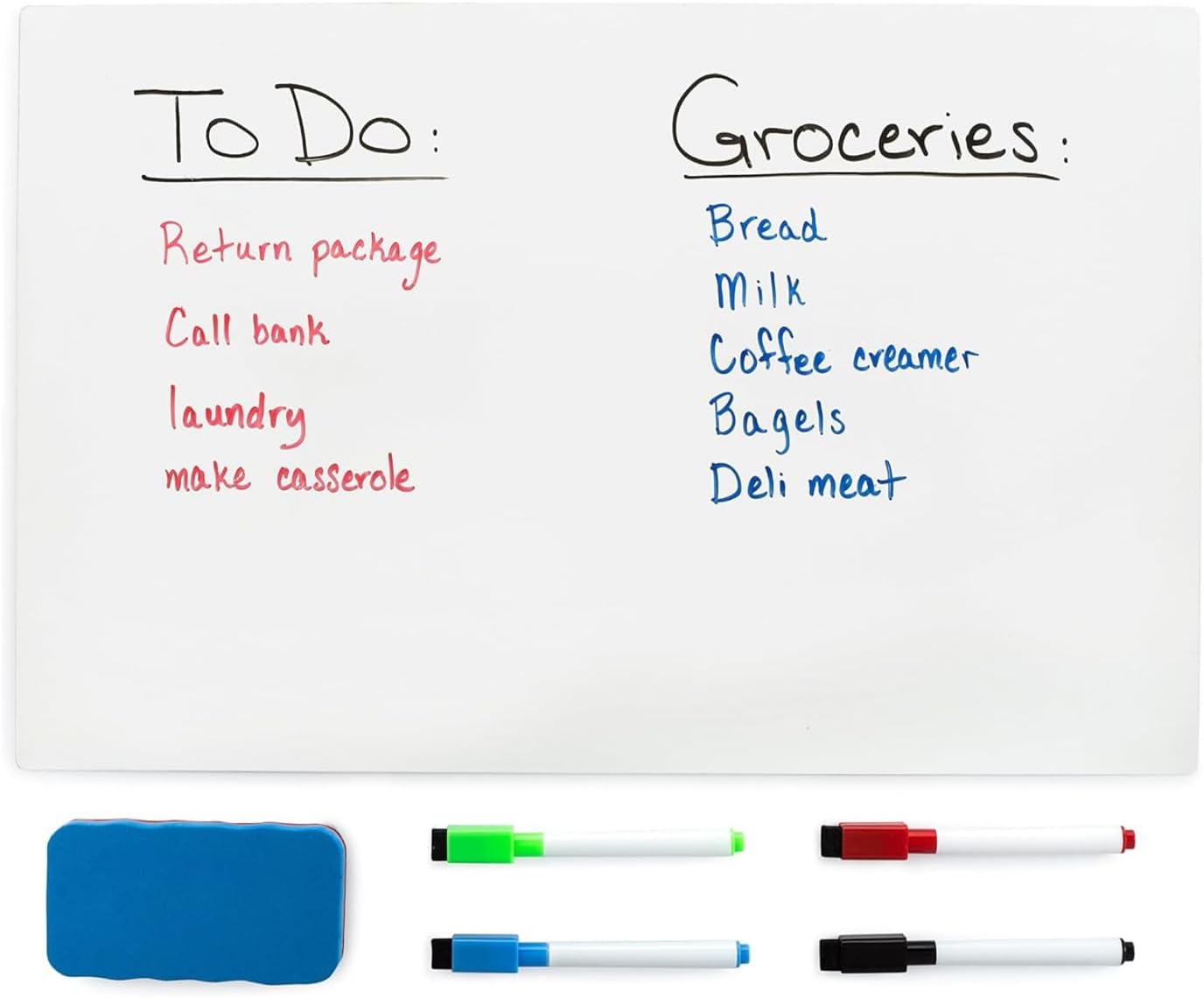 Refridge Reminder Dry Erase Whiteboard 17 X 11 Sheet for Refrigerator with Stain Resistant Technology. Set of 4 Markers and a Big Magnetic Eraser. Ships Flat