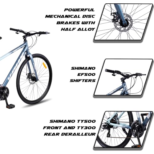 Image of Vaux City-Pro Hybrid Cycle for Adults with 21 Speed Shimano Gears| 19 Inch HI-Ten Steel Frame| Dual Disc Brakes| 700x35C Tyres|Double-Wall Alloy Rims(Nardo-Grey, Multispeed, Rigid Fork)