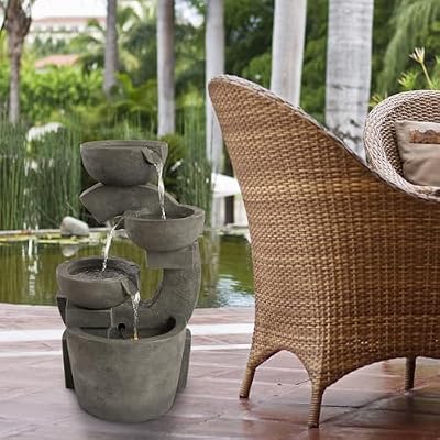 Pure Garden 50-LG1182 4-Tier Fountain – 2.1 Gallon Modern Decorative Polyresin Bowl Electric Outdoor Hand Painted Cascading Water Feature with LED Lights, Brown
