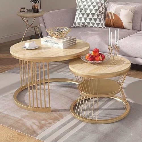 Image of Modern Nested Coffee Table Set of 2 | Round Marble Finish Tabletop with Metal Base | Luxury Center Table for Living Room, Lounge & Office (Cream Gold)