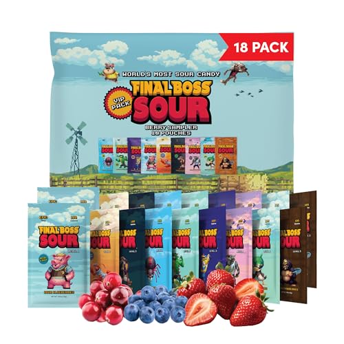 Final Boss Sour Candy Variety Pack, 18 Pack, All Sour Levels, Extreme Sour Fruit Chews with Real Dried Fruit, No Artificial Colors or Flavors, Low Calorie Snack for Kids, Teens & Adults
