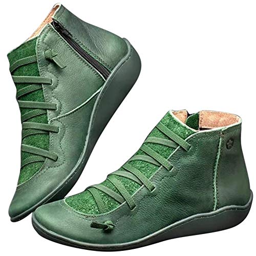 Alftek Flache Fersenstiefel Lederstiefeletten Kunstleder Stiefeletten Herbst Vintage Schnürschuhe Damen Bequeme Flache Fersenstiefel Reißverschluss Kurzer Boot