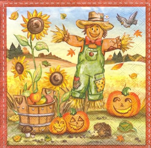 Set of 2 Individual Decoupage Paper Party Napkin Scarecrow Autumn Pumpkins Watercolor Decor Luncheon Napkins for a Birthday Holiday, Wedding, Cocktail Party
