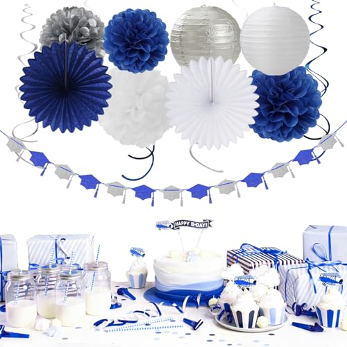 Image of Navy-Blue White Silver Graduation Party-Decorations Garland - 31pcs Congrats Grad Class 2026 Banner,Hat Hanging Streamers,College High School Congratulations Master Classroom Backdrop Decor Burgleda