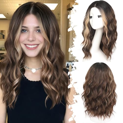 Image of Eawwii Dark Brown Mix Light Blonde Short Wavy Wig for Women Lace Hairline Bob Style Synthetic Heat Resistant - Natural Appearance for Everyday Hairstyle 18 Inch