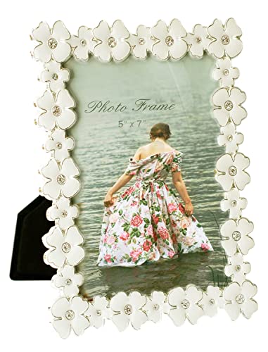 Licotom Metal Picture Frame Silver Plated With Ivory White Enamel And Crystals, Lovely Flowers Photo Frame 5X7 Inch #TOP3