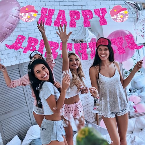 Image of Western Cowgirl Happy Birthday Decorations,Glitter Banner Boot and Cowgirl Hat Disco Ball Garland for Disco Party Girls Birthday Bachelorette Party