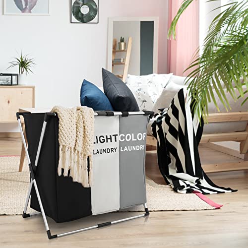 Laundry Basket Hamper 3 Section Dirty Clothes Hamper With Mesh Cover Foldable Aluminum Frame Laundry Sorter Organizer For Bathroom Bedroom Nursery (White+Grey+Black) #TOP6