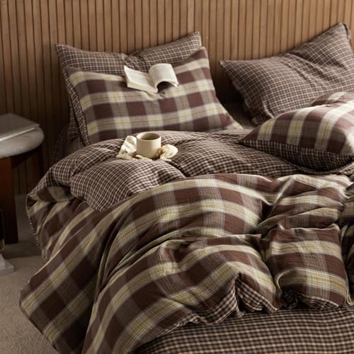 Image of EAVD Vintage Yellow&Brown Plaid Duvet Cover Full Soft 100% Muslin Cotton Retro Grid Checkered Plaid Bedding Set with 2 Pillowcases Farmhouse Reversible Gingham Duvet Cover with Zipper Closure