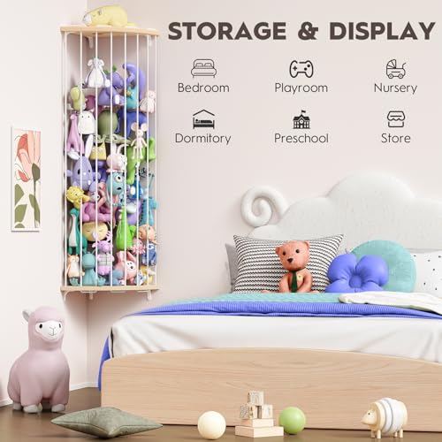 Image of Stuffed Animal Storage Wood Corner Plush Toys Holder with Star Pattern, Length Adjustable Hanging Stuffed Animal Toy Organizer Shelf for Nursery Play Room Bedroom Kid Room