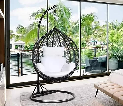 Image of Single Seater Swing Chair with Stand and Cushion Hammock Swing for Adult Outdoor Indoor Garden Living Room Balcony Hanging Chair (Black & White2)