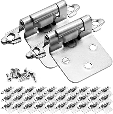 Satin Brushed Nickel Cabinet Hinges for Kitchen Cabinets,30 PCS(15 Pairs) 1/2" Overlay Self Closing Flush Face Mount Kitchen Cupboard Hinge