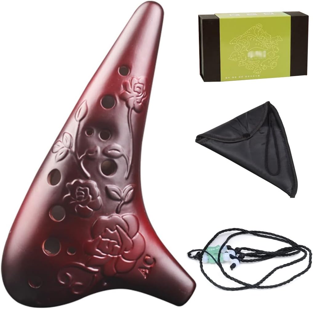 Adult Beginner 12 Hole Alto C Clay Ocarina, Natural Smoked Submarine Type Playing Instrument, Beautifully Hand-Carved Roses, Cloth Bag + Lanyard + Mouthpiece Protector, Antique Color