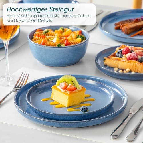 Steingut Geschirrset 6 Personen, vancasso ANYA Blau Teller Set Modern 18 teilig,Tafelservice mit Speiseteller, Desserttellern und Schüsseln, Geschirr Set Spülmaschinen und Mikrowellenfest
