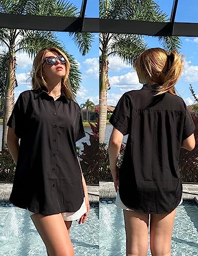 Hotouch Womens Button Down Boyfriend Oversized Blouse Drop Shoulder Collared Shirt Chiffon Work Black, Medium, Short Sleeve #TOP1